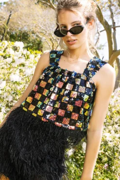 Black Sequin Checker Feather Tank