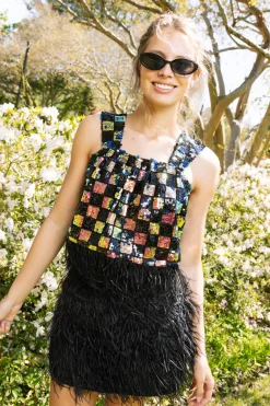 Black Sequin Checker Feather Tank