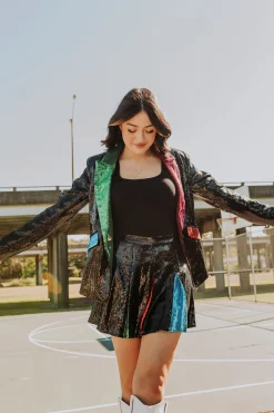 Black Sequin Colorblock Lapel Blazer