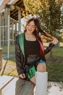 Black Sequin Colorblock Lapel Blazer