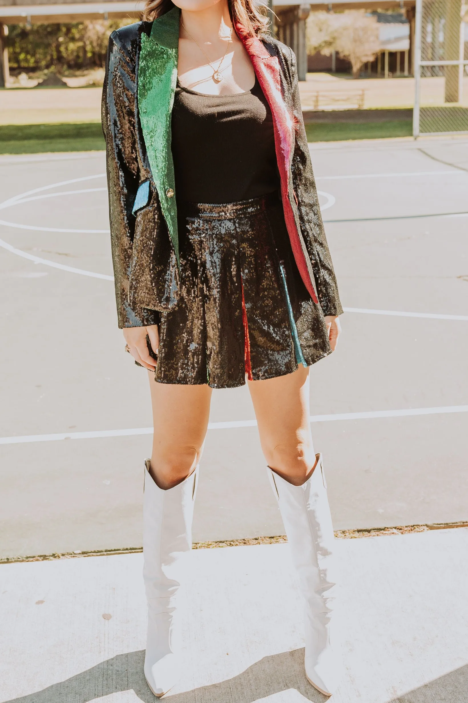 Black Sequin Colorblock Lapel Blazer