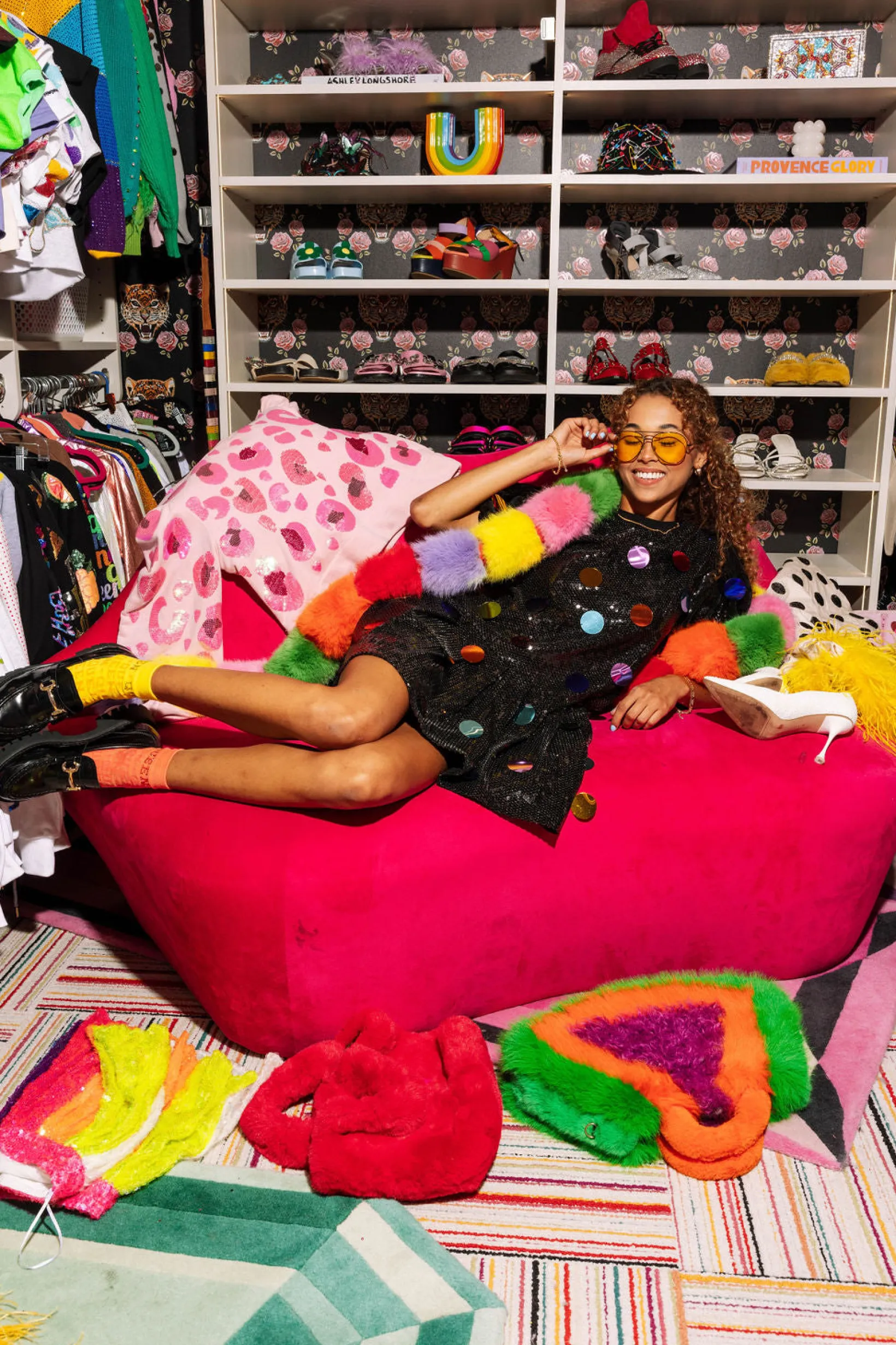 Black Sequin Poof Sleeve Rainbow Paillette Dress