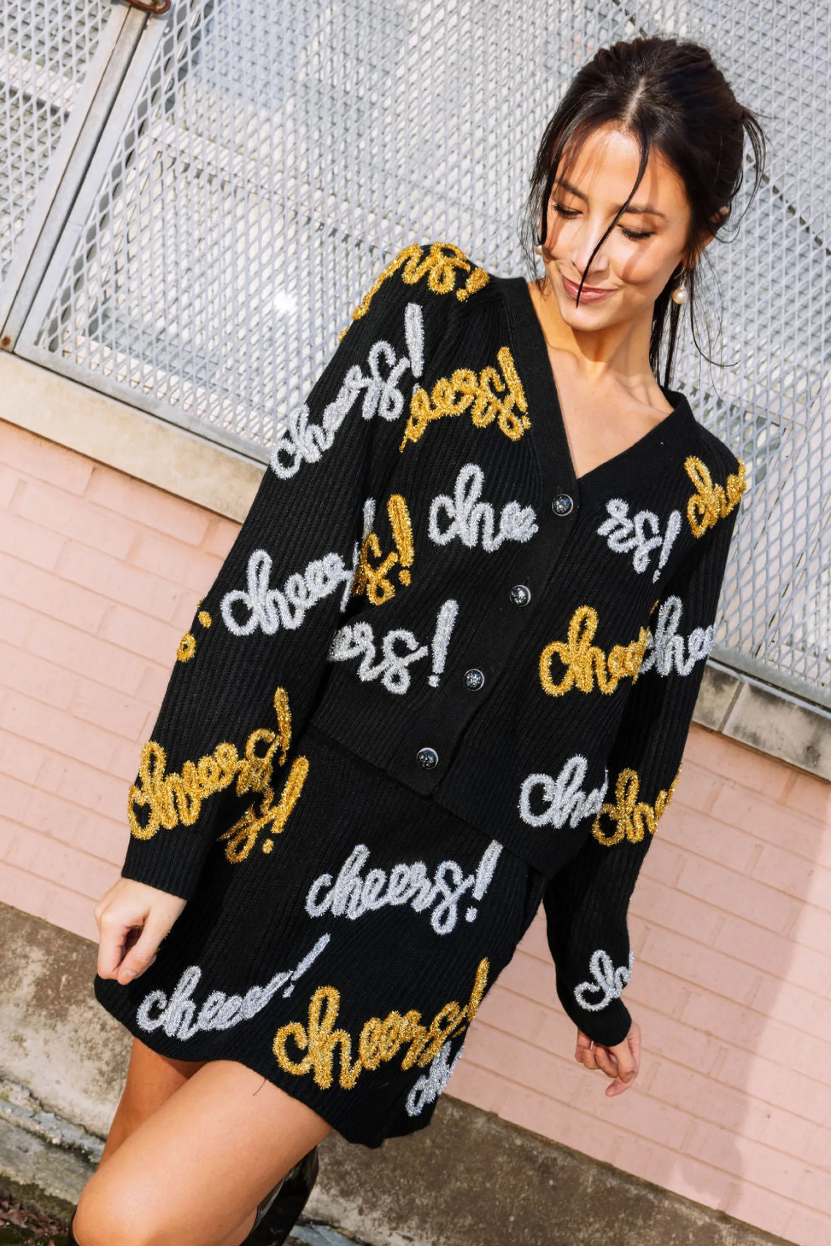 Black, Silver & Gold Cheers All Over Glitter Script Cardigan