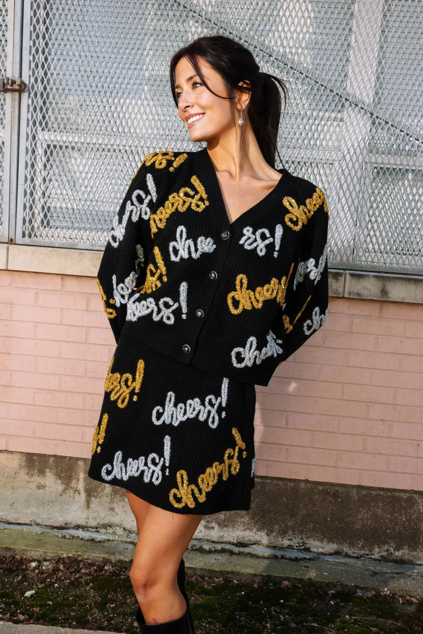 Black, Silver & Gold Cheers All Over Glitter Script Cardigan