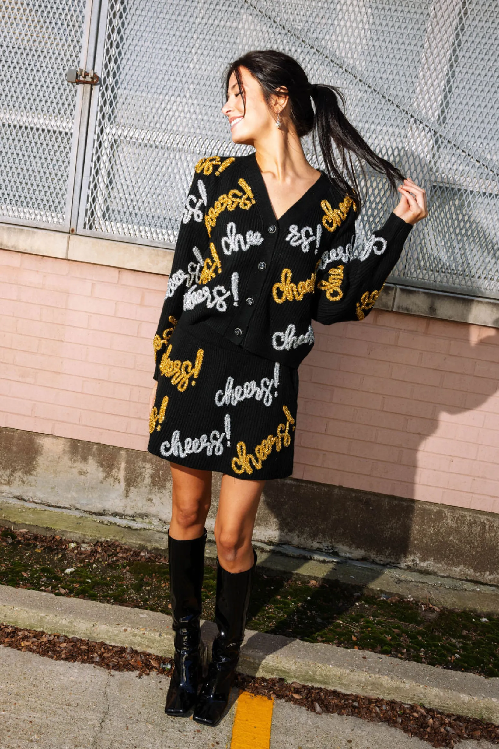 Black, Silver & Gold Cheers All Over Glitter Script Cardigan