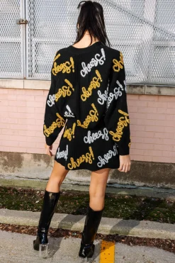 Black, Silver & Gold Cheers All Over Glitter Script Cardigan