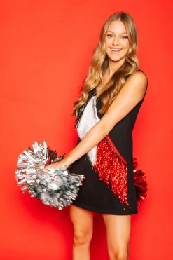 Black, White/Red Diagonal Fringe Dress