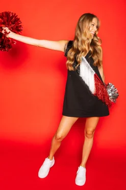 Black, White/Red Diagonal Fringe Dress