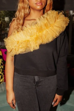 Black/Gold One Shoulder Ruffle Sweatshirt