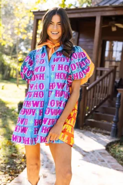 Blue & Orange Sequin Sleeve Howdy Tiered Dress