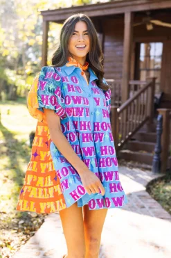 Blue & Orange Sequin Sleeve Howdy Tiered Dress