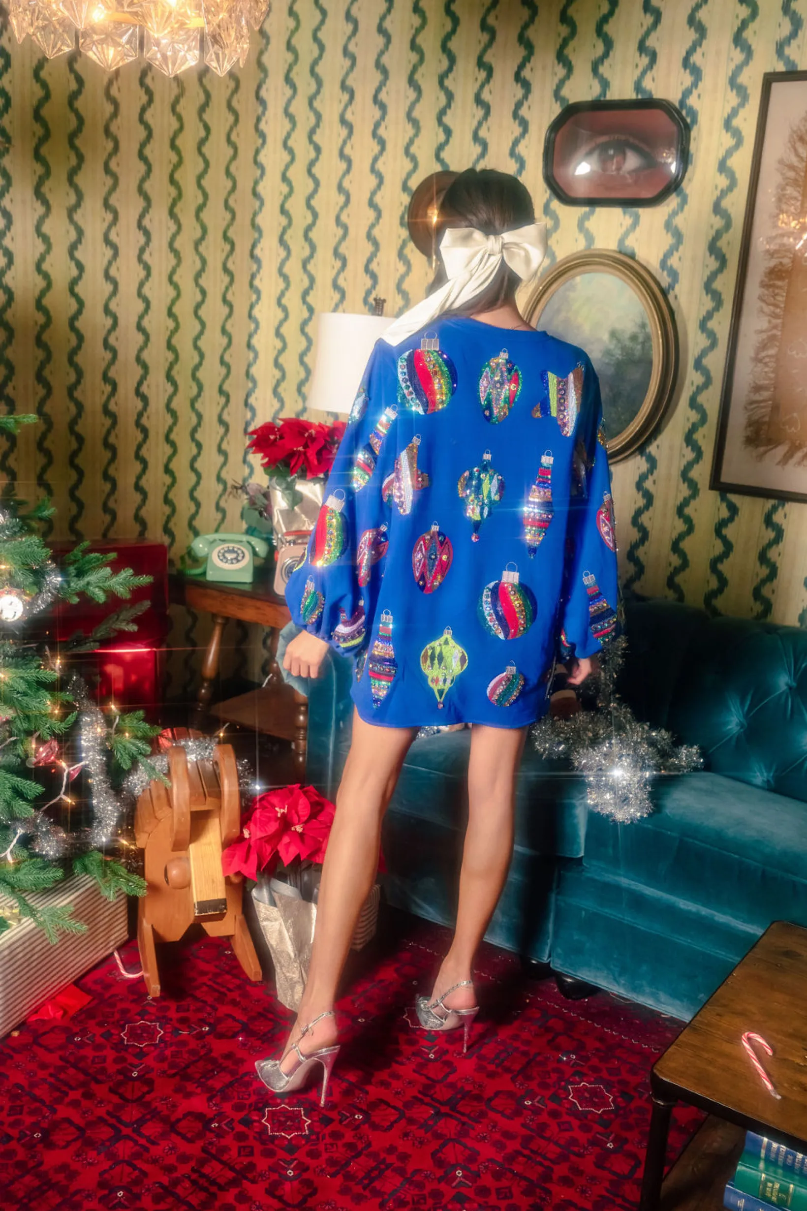 Blue Multi Color Ornaments Balloon Sleeve Dress