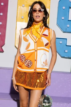 Bright Orange & White Colorblock Football Icon Button Up Sweater Vest