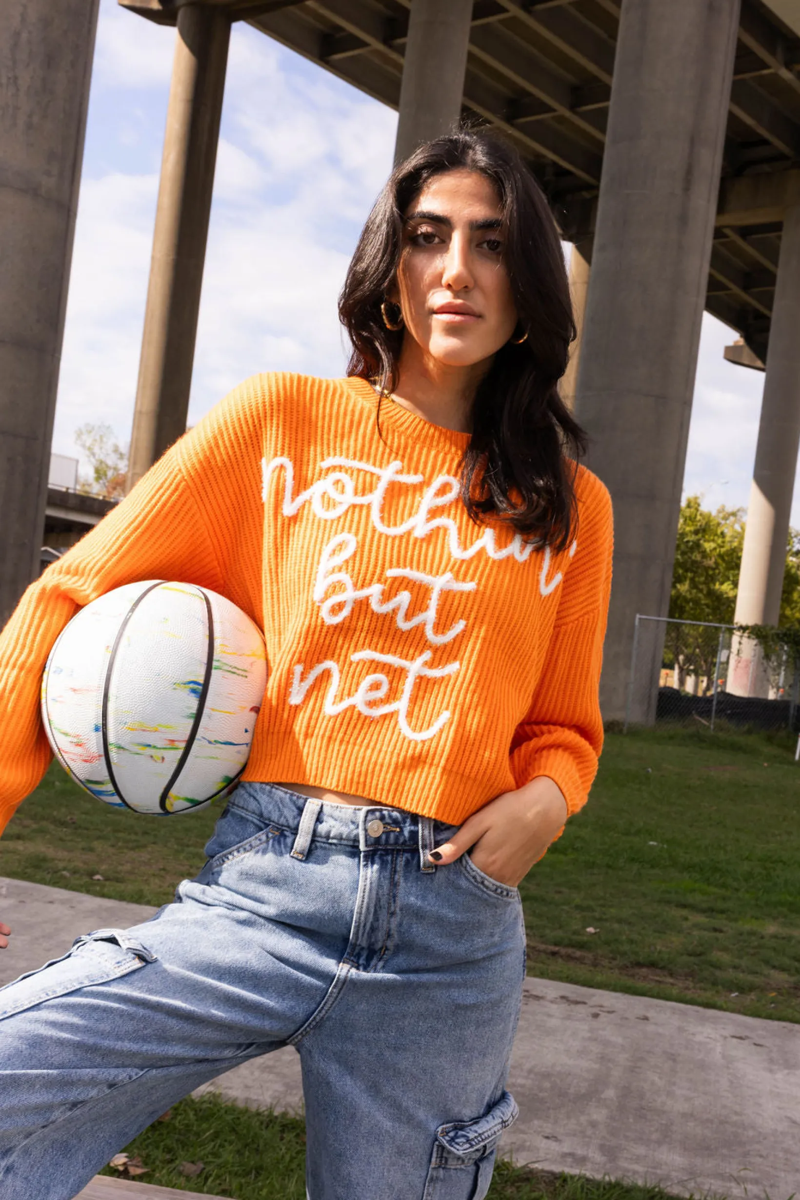 Bright Orange 'Nothin But Net' Glitter Script Sweater