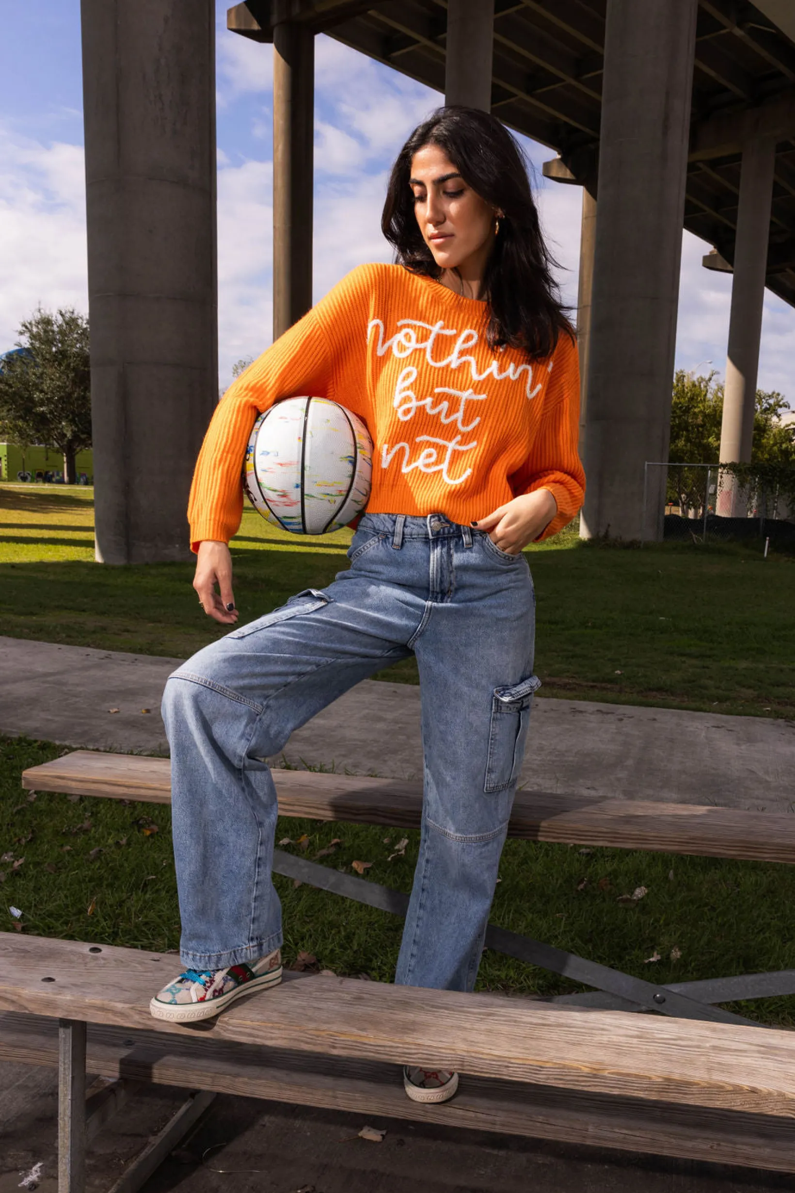 Bright Orange 'Nothin But Net' Glitter Script Sweater