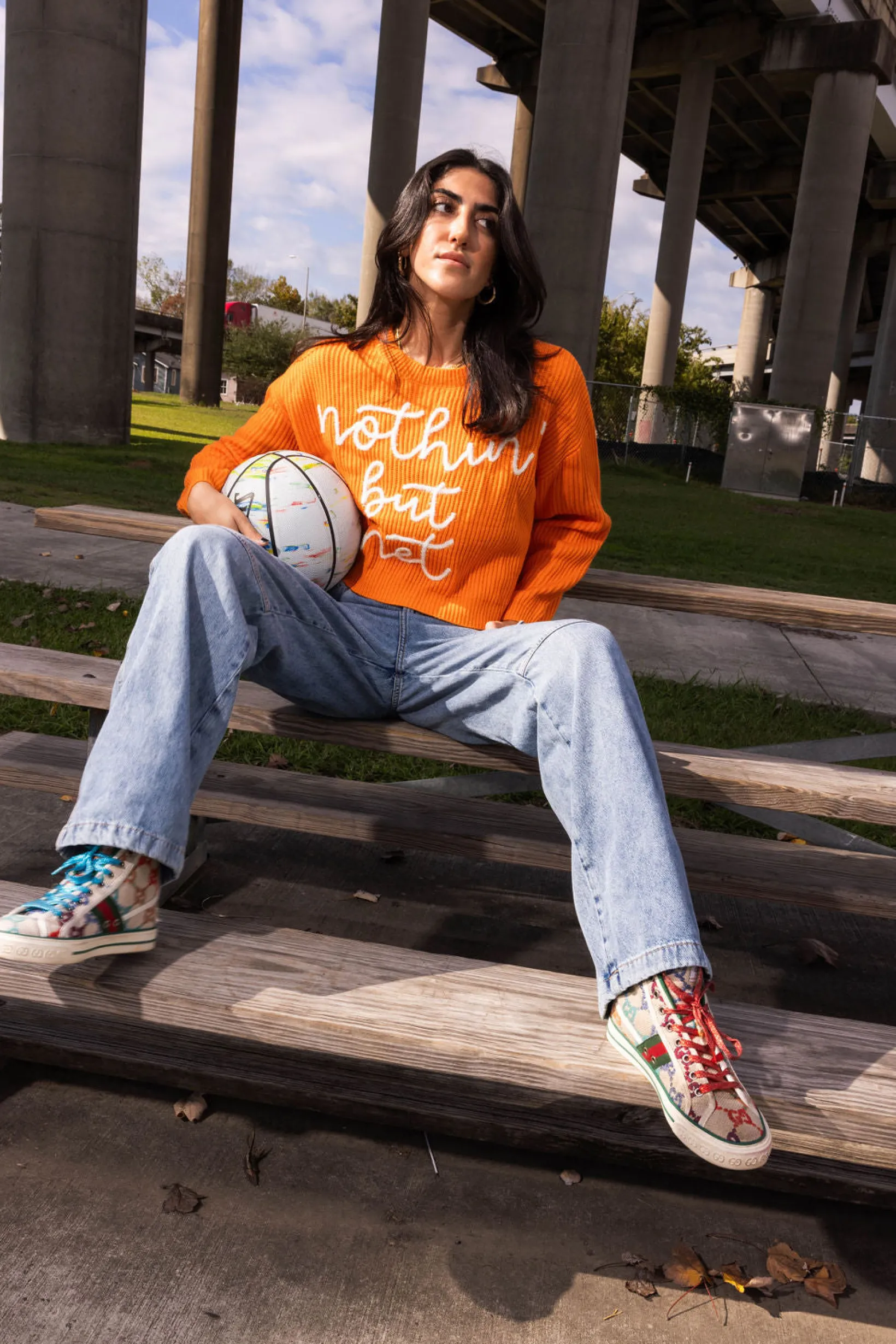 Bright Orange 'Nothin But Net' Glitter Script Sweater