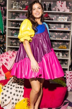 Colorblock Asymmetrical Leather Dress