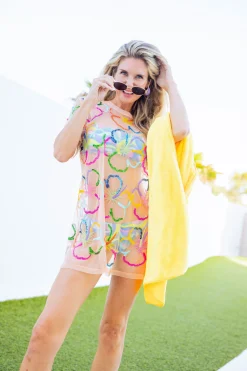 Coral Outlined Hibiscus Sheer Coverup