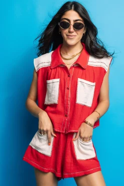 Crimson & White Gauze Top