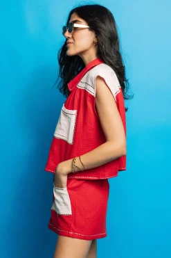 Crimson & White Gauze Top