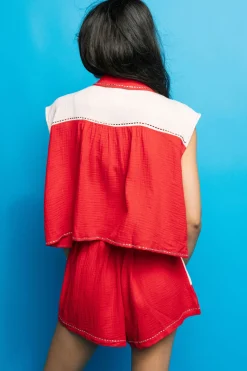 Crimson & White Gauze Top