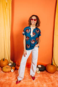 Dark Blue Beaded Turkey All Over Tee