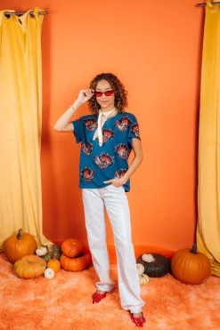 Dark Blue Beaded Turkey All Over Tee