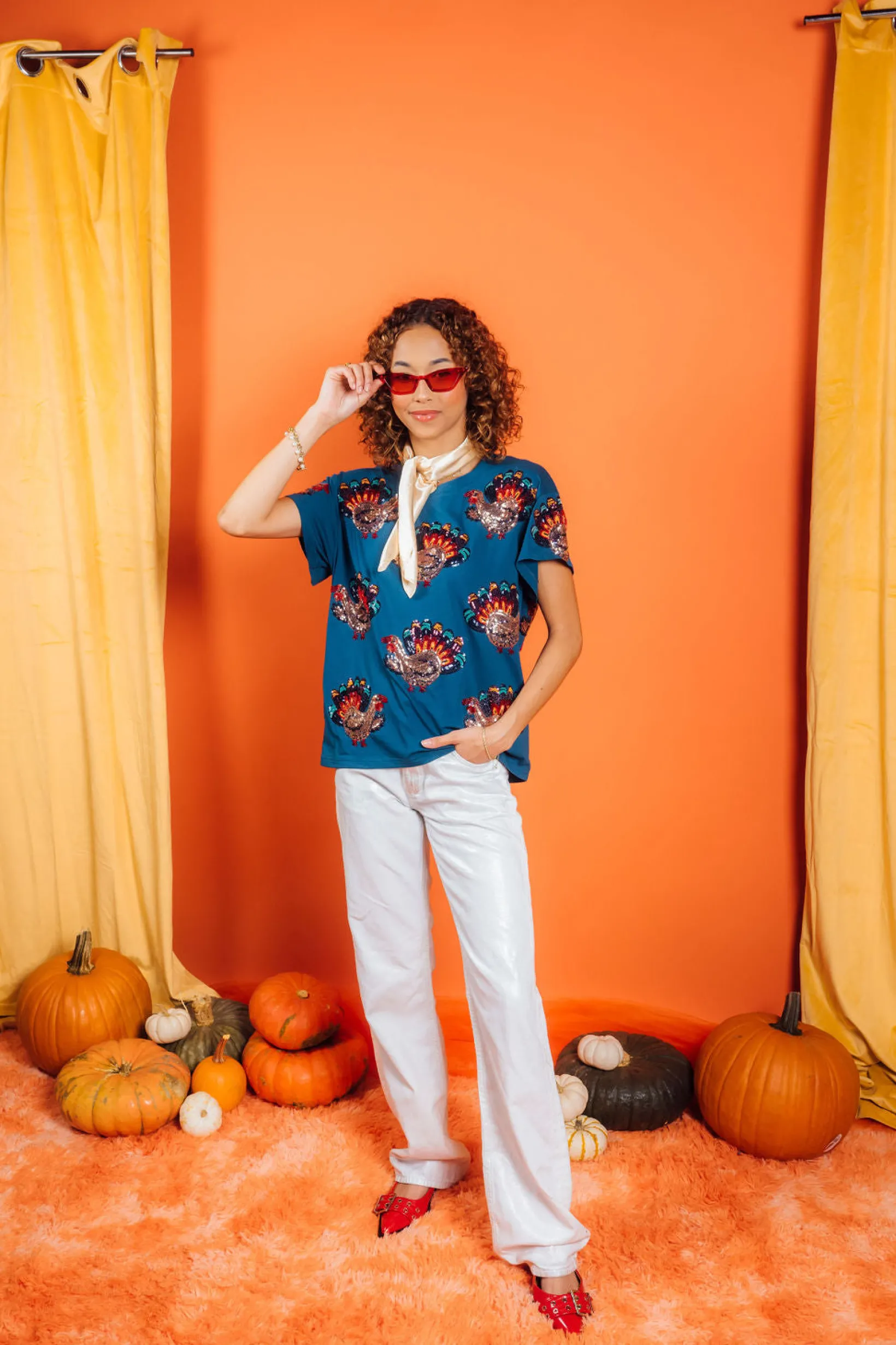 Dark Blue Beaded Turkey All Over Tee