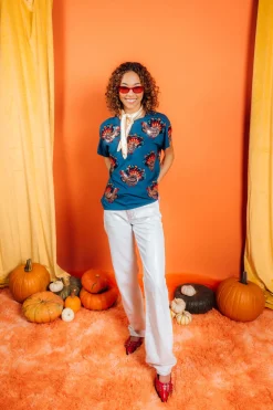 Dark Blue Beaded Turkey All Over Tee