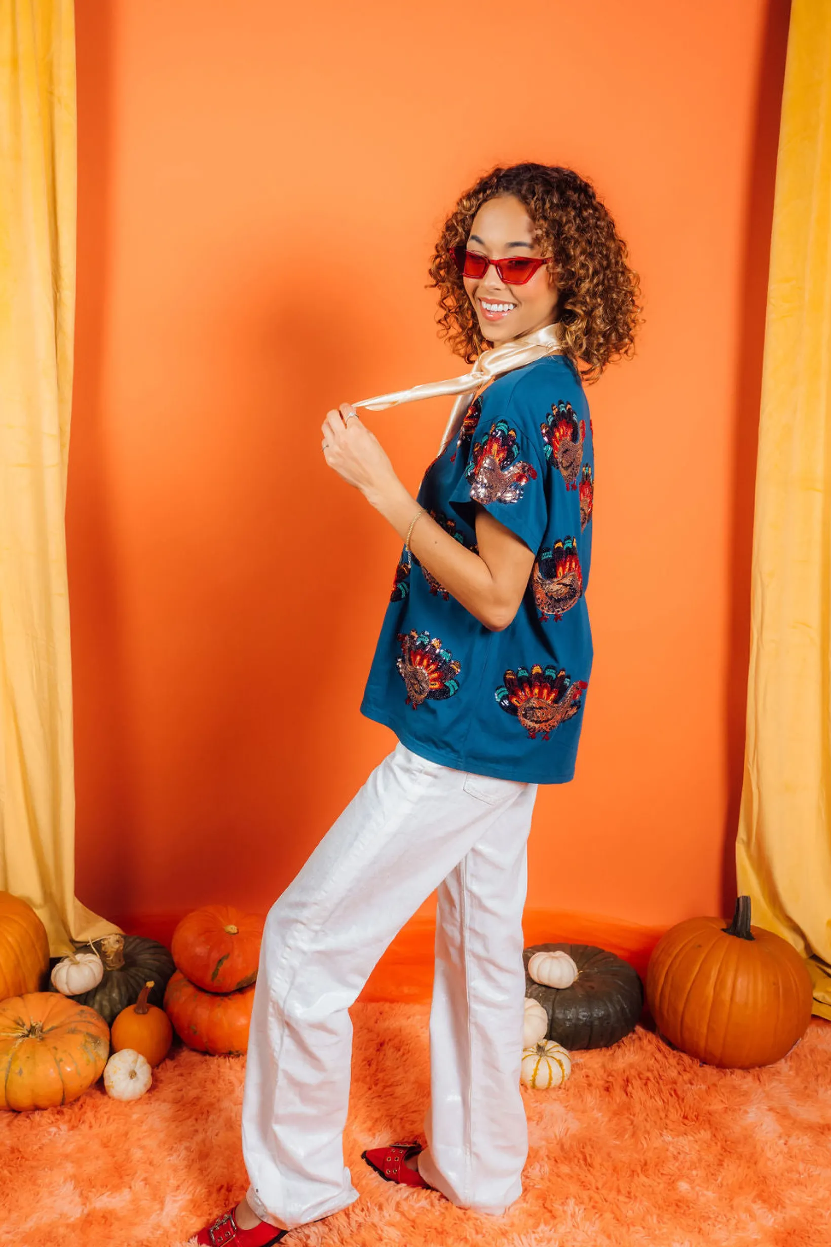 Dark Blue Beaded Turkey All Over Tee