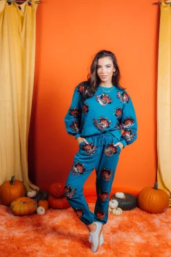 Dark Teal Beaded Turkeys All Over Joggers