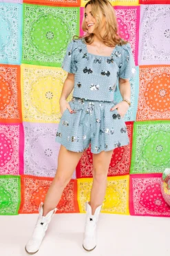 Denim & Silver Paillette Flutter Top