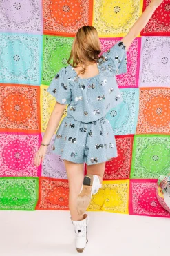 Denim & Silver Paillette Flutter Top