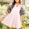 Feather Poof Sleeve Button Down Dress