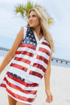 Full Sequin Full Flag Button Up Sweater Vest