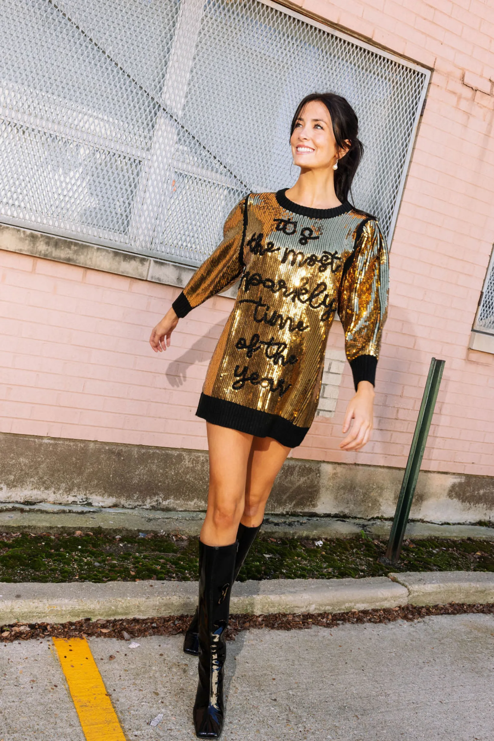 Gold & Black Sequin Sparkly Time Sweater Dress