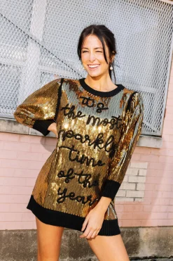 Gold & Black Sequin Sparkly Time Sweater Dress