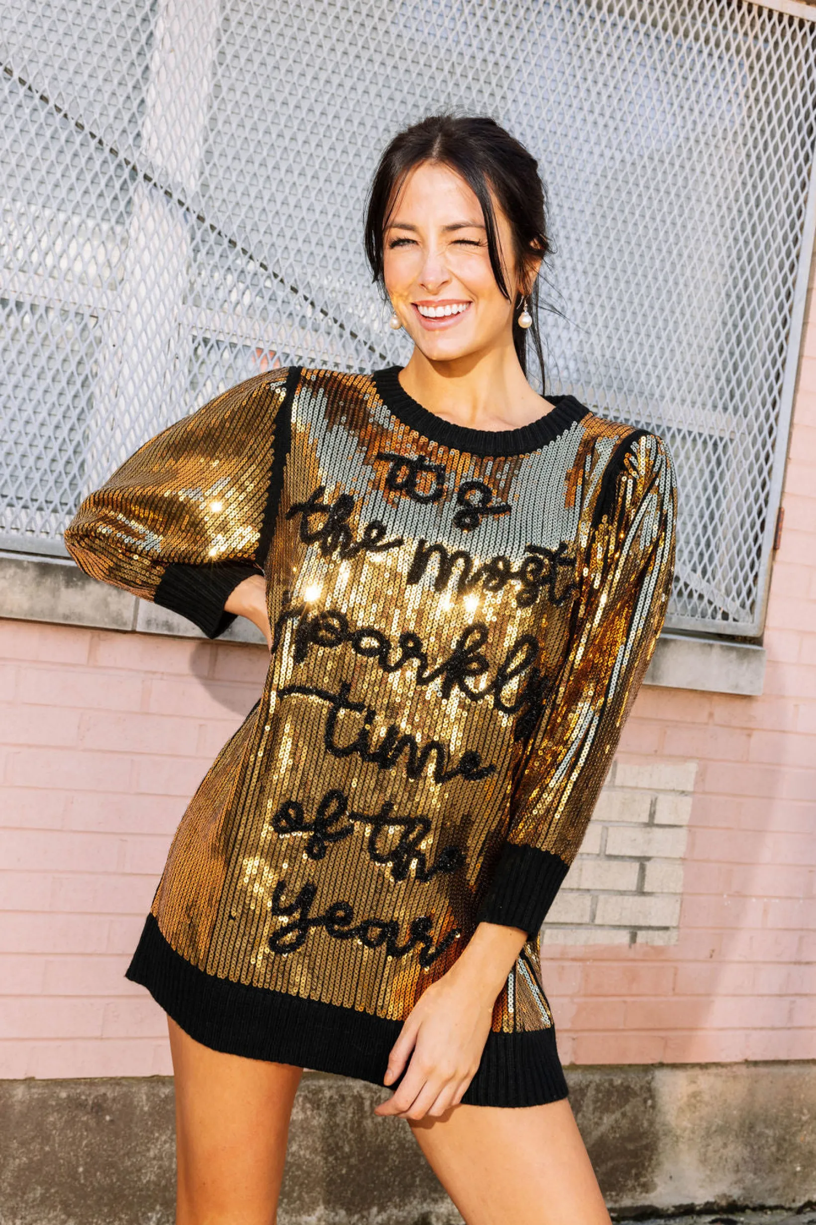 Gold & Black Sequin Sparkly Time Sweater Dress