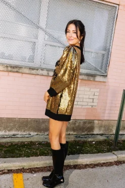 Gold & Black Sequin Sparkly Time Sweater Dress