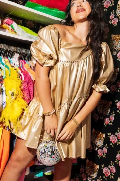 Gold Asymmetrical Leather Dress