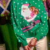 Green & Neon Pink Santa Skiing Sweater
