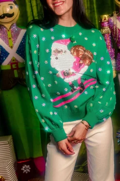 Green & Neon Pink Santa Skiing Sweater