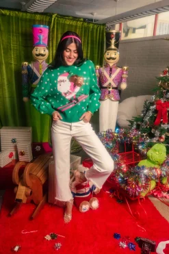 Green & Neon Pink Santa Skiing Sweater