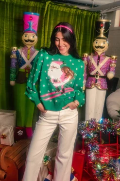 Green & Neon Pink Santa Skiing Sweater