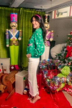 Green & Neon Pink Santa Skiing Sweater