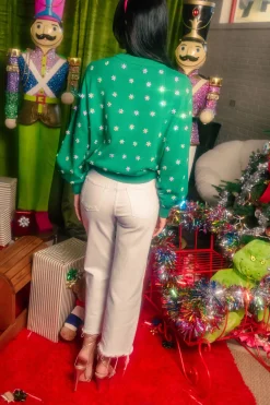 Green & Neon Pink Santa Skiing Sweater