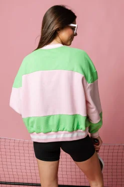 Green & Pink Stripe Pickle Ball Sweatshirt
