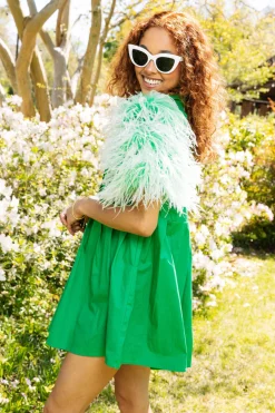Green & White Feather Sleeve Dress