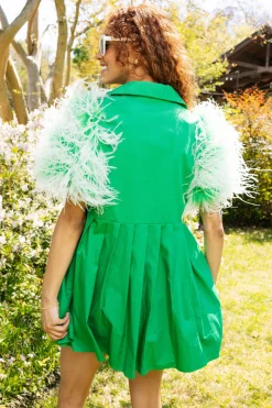 Green & White Feather Sleeve Dress