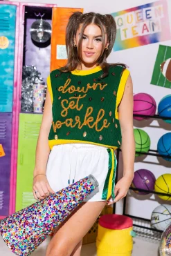 Green & Yellow Down Set Sparkle Sweater Vest